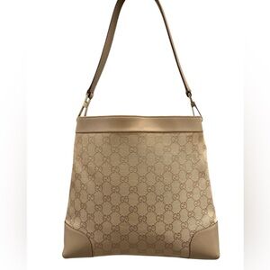 Gucci Shoulder Bag w/ COA Nude Beige Gold Hardware GG Canvas + Leather Authentic